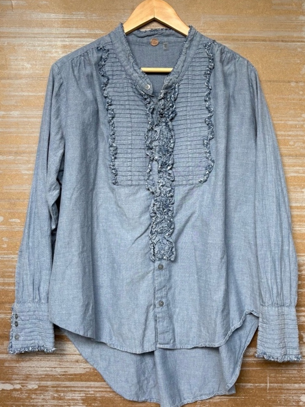 We The Free Chambray Ruffle Pintuck Tunic in Denim Blue